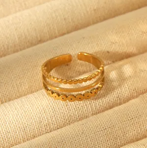 Macro detail of triple-layered 18k gold plated stainless steel ring with beaded texture