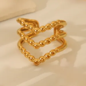 Detail of 18k gold plated stainless steel ring with triple V-shaped beaded texture design