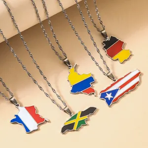 Weltkarten-Flaggen-Halsketten Set mit Frankreich Jamaika Kolumbien Puerto Rico und Deutschland