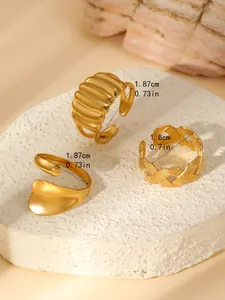 Three-piece stackable 18k gold plated stainless steel rings with unique textured designs