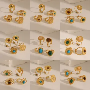 Vintage Stainless Steel 18K Gold Plated Adjustable Open Ring With Turquoise Rose Quartz Tiger Eye Stone Jewelry For Women