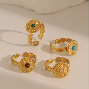 18k gold plated stainless steel open ring with heart band and turquoise stones