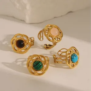 Adjustable 18k gold plated stainless steel rings set with turquoise and colorful stones