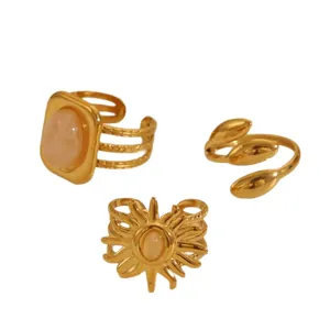 Three-piece 18k gold plated stainless steel adjustable rings with vintage gemstones
