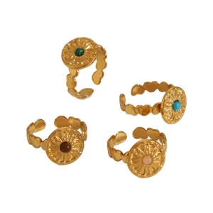 18k gold plated stainless steel open rings with turquoise and sunburst engraving