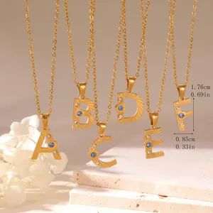 Gold stainless steel A-Z letter necklace with blue heart zircon and crystal charms
