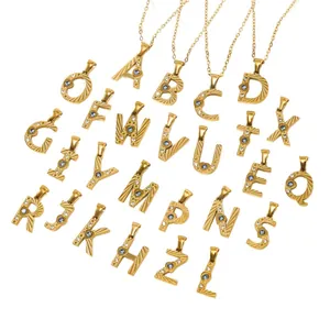Gold stainless steel A-Z letter necklaces with cubic zirconia and blue rhinestones