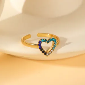 Adjustable copper open ring with heart-shaped gradient zircon inlay in golden finish