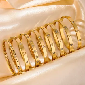 Minimalist Stainless Steel Gold Plated Bangle For Women With Zirconia Heart Star Clover Roman Numerals Elegant Jewelry Gift