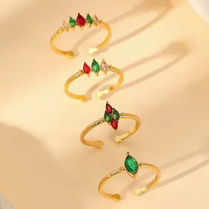 Adjustable gold plated rings with red and green zircon stones for a festive Christmas style