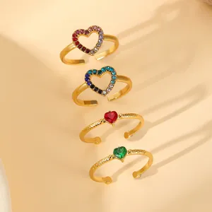 Adjustable gold plated rings with colorful heart shaped zircon stones and hammered texture