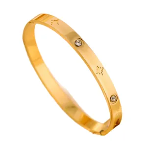 Gold star engraved cuff bracelet with crystal inlay for women in minimalist style