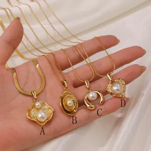 Chic 18k gold plated stainless steel necklaces with pearl pendants in four styles