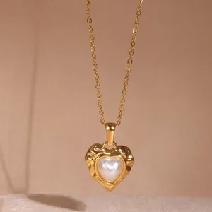 Elegant 18k gold plated stainless steel heart pendant necklace with pearl and lava texture