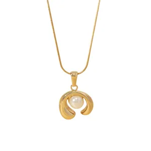 18k gold plated stainless steel necklace with fluid lava pendant and central pearl