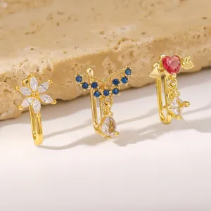 Nasenring-Set aus vergoldetem Kupfer mit Zirkonia, Blumen-, Flügel- und Herz-Motiven