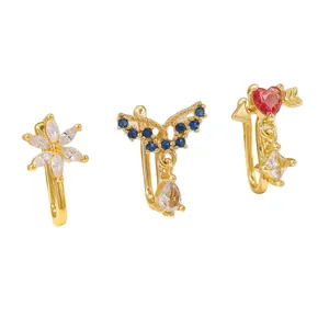 Dreiteiliges vergoldetes Nasen-Manschetten-Set mit Zirkonia-Blumen und Herzanhängern