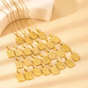 Gold plated stainless steel square alphabet pendant necklace showing 26 letters
