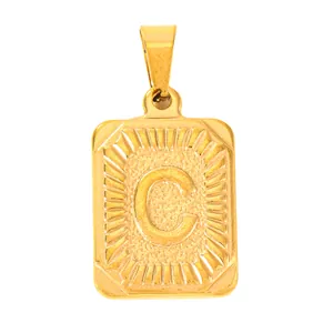 Gold plated stainless steel rectangular pendant with embossed letter C and sunray texture