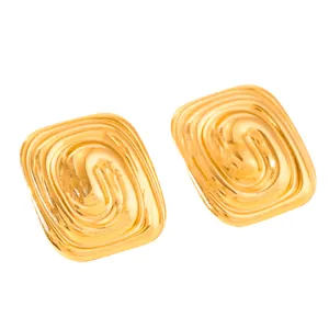 Detail showing 18k gold plated square earrings with textured spiral relief pattern