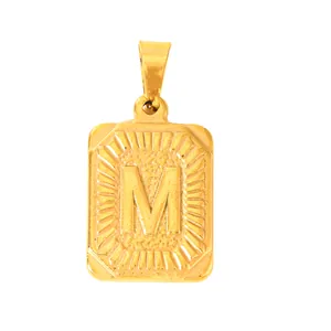 Detailed view of a gold-plated square pendant featuring an embossed letter M design