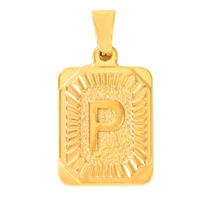 Detail of square gold pendant with embossed letter P and sunburst texture engraving
