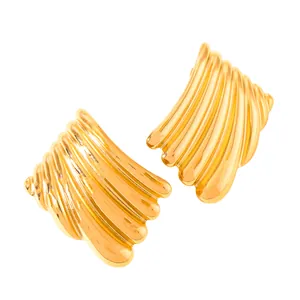 Macro detail of 18k gold plated stainless steel fan shaped earrings with pleated texture