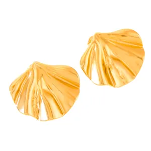 18k gold plated stainless steel scallop shell earrings with radiant textured finish