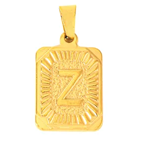 Close-up of a gold stainless steel rectangular pendant with embossed letter Z and radial lines