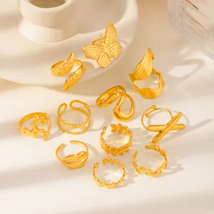11-piece set of gold-plated adjustable rings featuring butterfly and leaf motifs