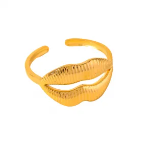 Macro detail of gold-plated stainless steel ring featuring a unique ribbed lip design