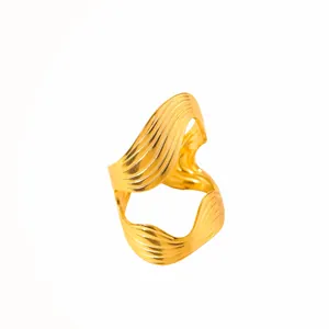 Macro shot of gold plated wave ring showing fine parallel stripes and metallic texture