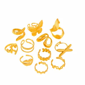11-piece set of gold-plated adjustable open rings featuring butterfly and leaf designs
