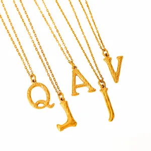 18k gold plated stainless steel initial necklace with unique textured bark finish
