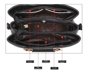 Top view of large capacity black tote bag interior showing multi-compartment storage