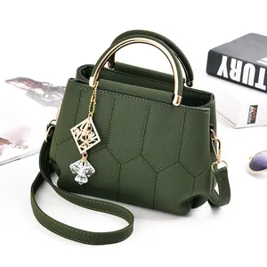 Dark green fashion crossbody bag with litchi texture leather and golden metal handle