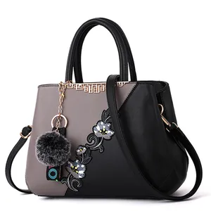 Large capacity embroidered patchwork tote bag with floral patterns and fur ball charm