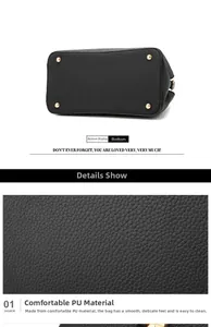 Detail of black lychee texture PU leather and metal bottom studs on the handbag