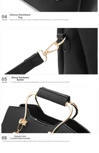 Detail shots of black pebble leather handbag with gold hardware and strap buckles