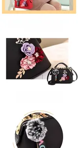 Detail of floral box handbag with 3D fabric flowers, fur pompom and metal frame closure