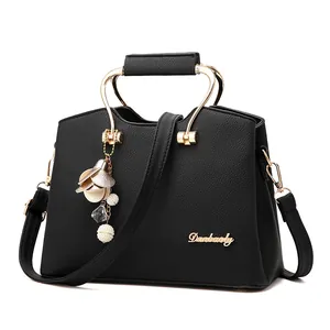 Women Fashion Litchi Pattern PU Leather Handbag With Metal Handle And Flower Pendant Large Capacity Shoulder Crossbody Bag