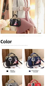 Close-up of structured Boston bag with floral 3D decor, pompom charm and metal zipper details