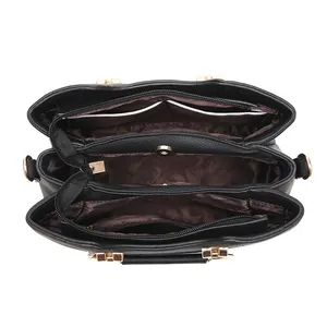 Three-layer large capacity black PU leather handbag with gold-tone hardware detail