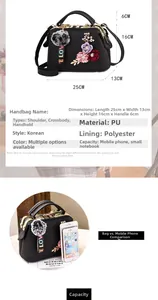 Detailed size specifications of the black faux leather handbag with 3D floral accents