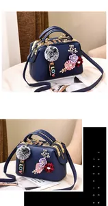 Detail of dark blue handbag with 3D floral accents, gold hardware, and plush keychain
