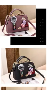 Detail of elegant handbags with 3D fabric flowers, metal leaf accents and pom-pom charms