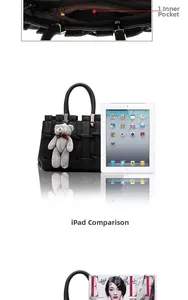 Vue détaillée du sac à main tissé montrant la poche intérieure et comparaison avec un iPad