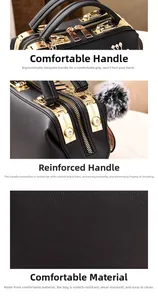 Detail of ergonomic handle, golden hardware, and black lychee grain leather on handbag