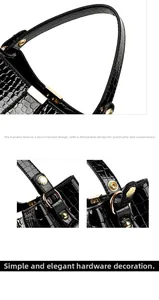 Detail of crocodile embossed leather bag with detachable handle and gold metal hardware