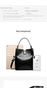 Detailed dimension chart showing 19x13.5x21cm size and black crocodile pattern bag